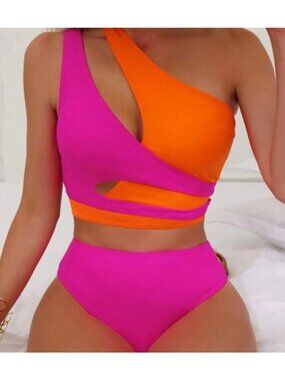 NWT Colorblock One-Shoulder Bikini Set For Women In Orange & Pink Size XL